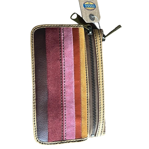 Fossil Yellow And Multi Color Striped Leather Card and Zipper Closure Wallet - Picture 2 of 11